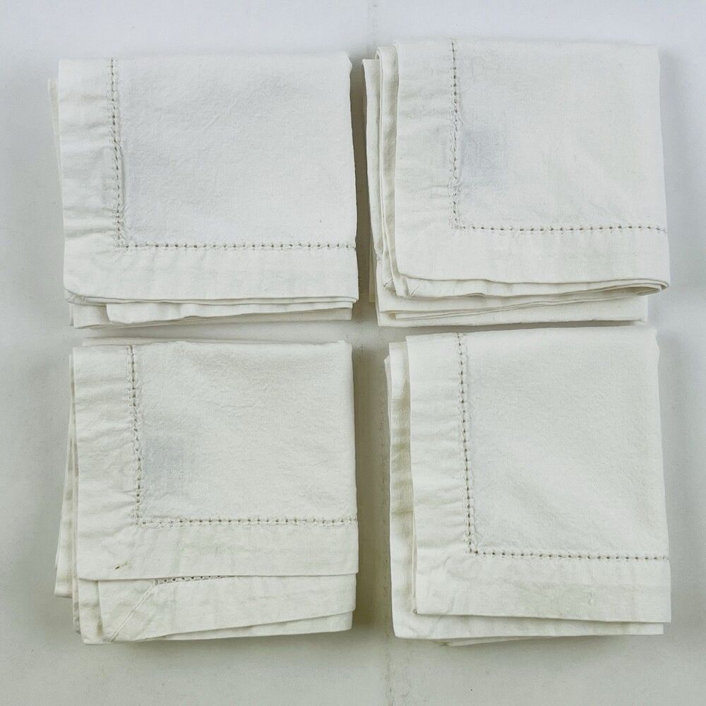 Ecru White Hemstitch 20"x 19" 100% Cotton Dinner Napkins Made India Handkerchief